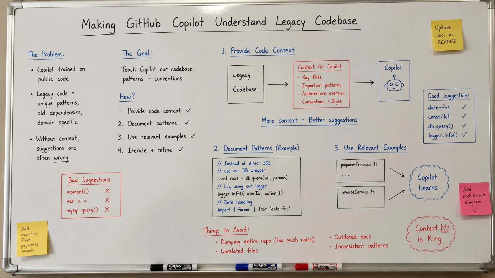 GitHub Copilot is only as smart as the context you feed it. On a ten-year-old system the code is the symptom, and the real knowledge lives in git history and people's heads. Discovery extracts that into instructions, an Application Knowledge Skill,