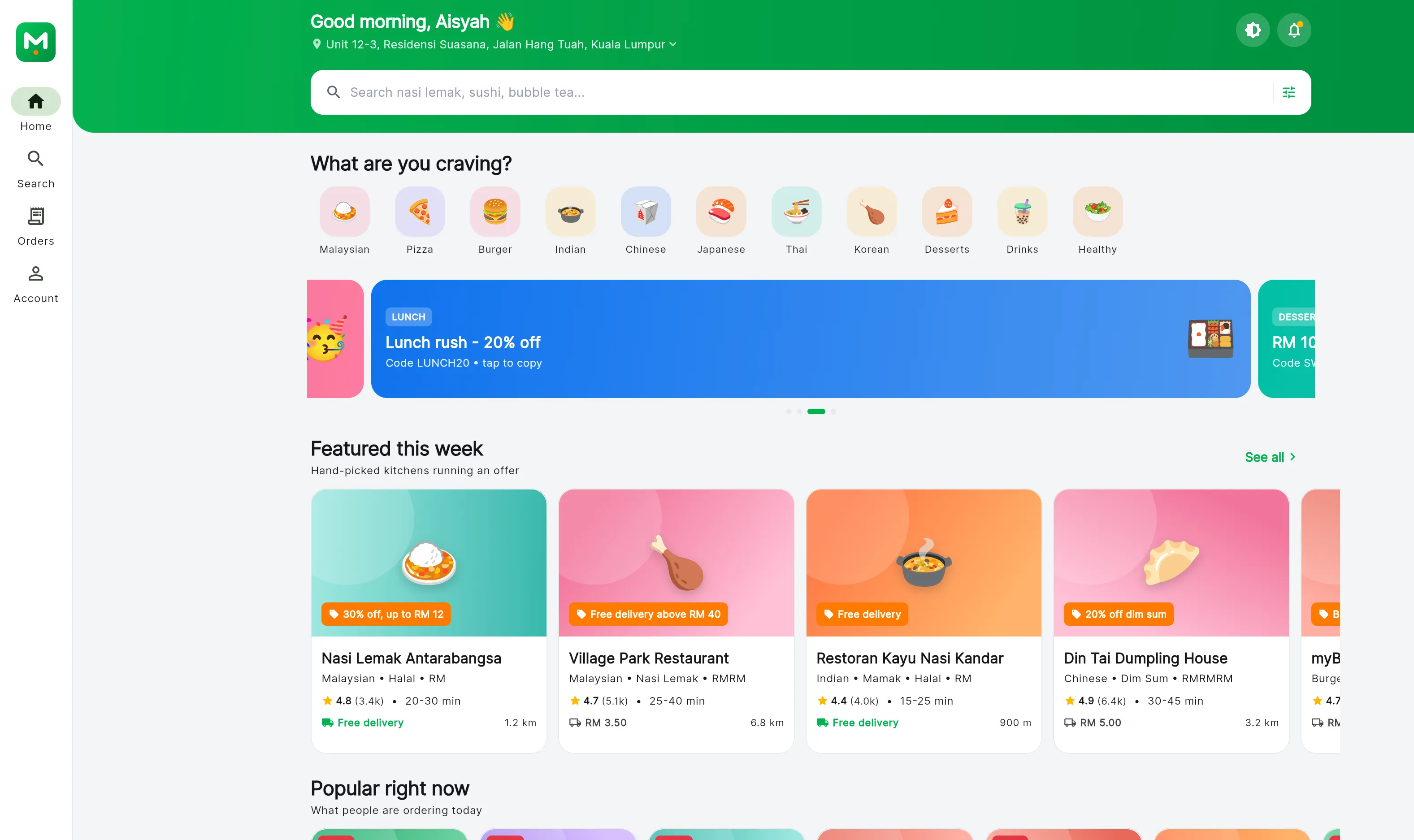 The MSDevBuild Eats customer home screen in a browser, with a location line for Kuala Lumpur, a search box reading Search nasi lemak, sushi, bubble tea, a row of cuisine chips from Malaysian to Healthy, a promotional carousel, and Featured this week restaurant cards showing rating, delivery time, delivery fee and distance