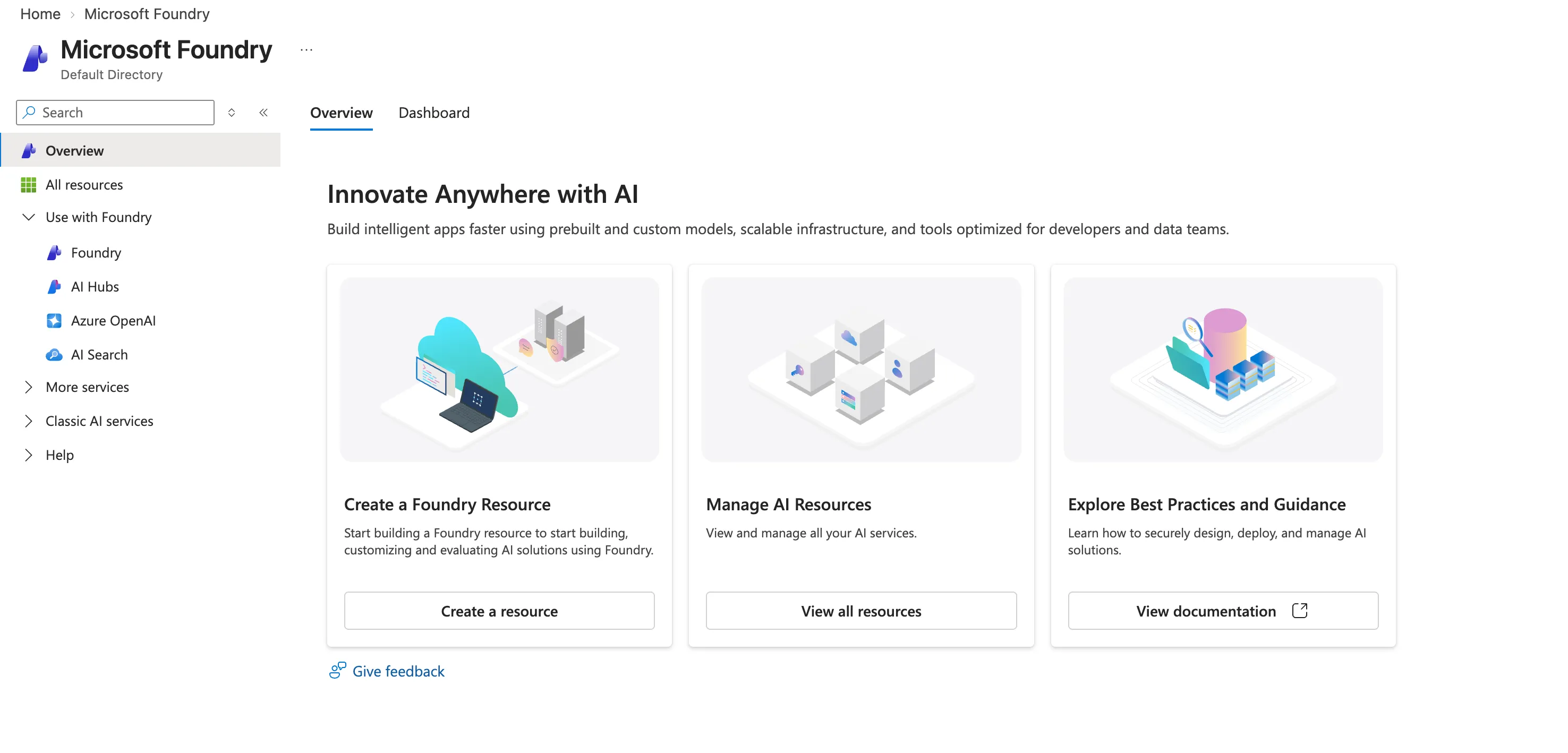 Microsoft Foundry overview blade in the Azure portal, with Create a Foundry Resource and Manage AI Resources cards and a left navigation listing Foundry, AI Hubs, Azure OpenAI, AI Search and Classic AI services