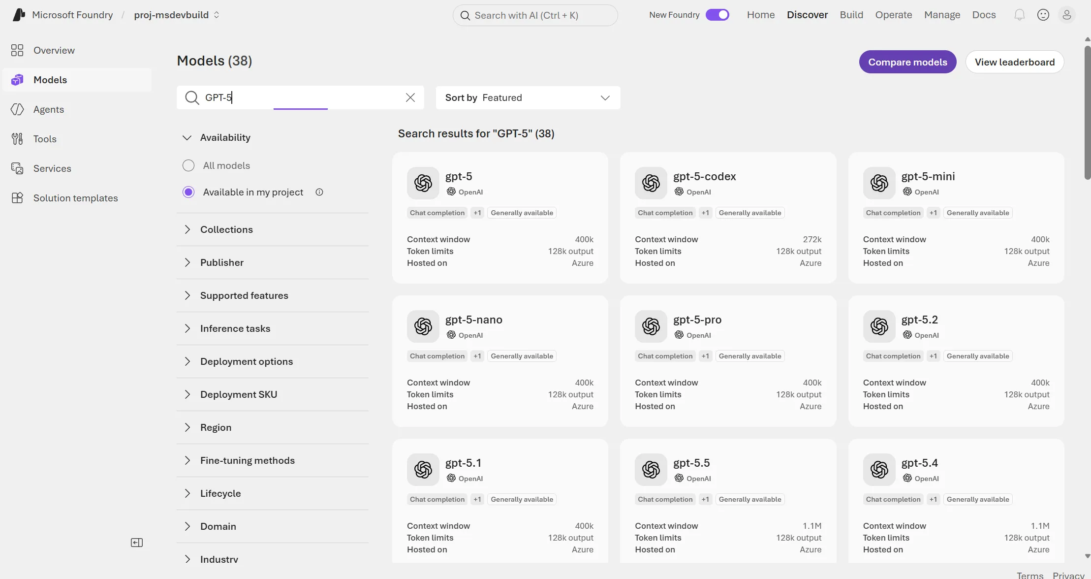 Azure AI Foundry model catalog search results for "GPT-5" showing 38 matches including gpt-5, gpt-5-codex, gpt-5-mini, gpt-5-nano, gpt-5-pro, and gpt-5.2 through gpt-5.5, with context windows ranging from 272k to 1.1M tokens