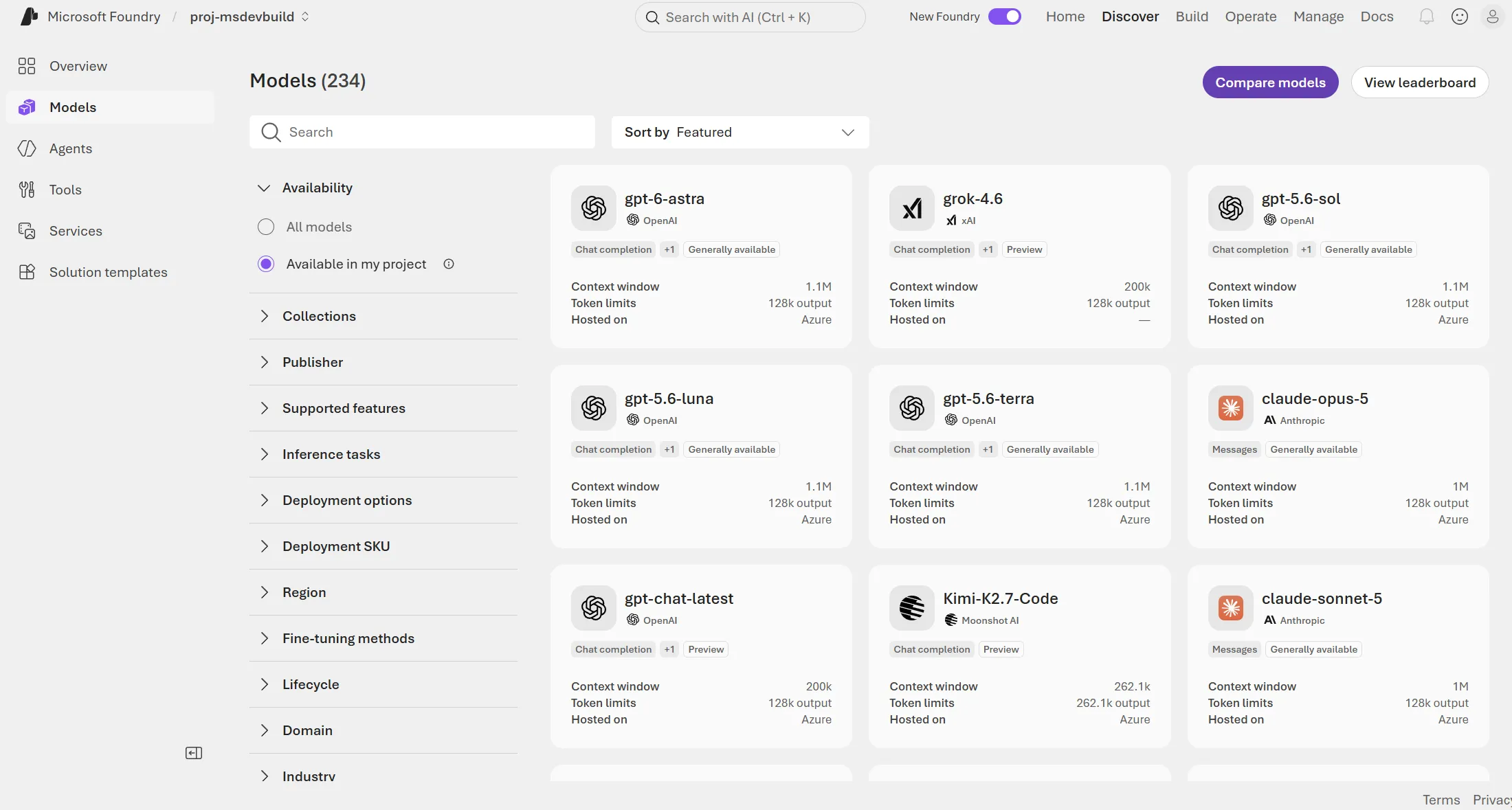 Azure AI Foundry Models catalog page listing 234 models available in a project, including gpt-6-astra, grok-4.6, gpt-5.6-sol, claude-opus-5, and Kimi-K2.7-Code, filterable by availability, publisher, and supported features
