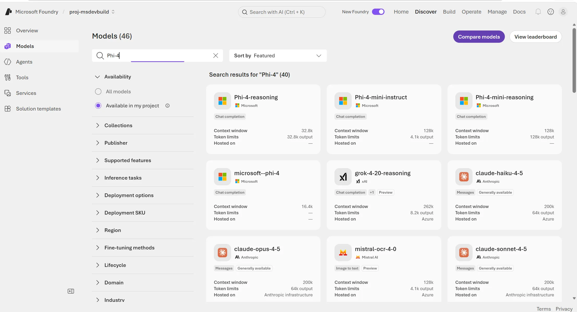 Azure AI Foundry model catalog search results for "Phi-4" showing Phi-4-reasoning, Phi-4-mini-instruct, and Phi-4-mini-reasoning from Microsoft, with much smaller context windows between 16.4k and 128k tokens